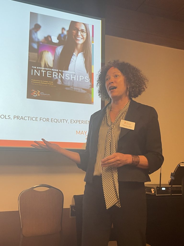 Tobie Baker Wright of the LANL Foundation unveils the Employer's Guide to Successful Internships at the Northern New Mexico Work-Based Learning Summit on May 3rd, 2023 in Santa Fe.