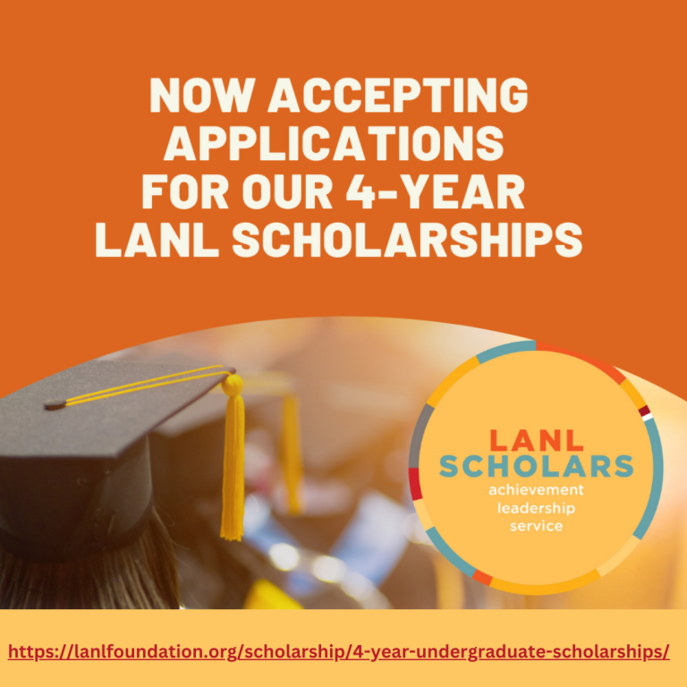 Slide with an image of a graduation cap and the text "Now Accepting Applications for our 4 Year LANL Scholarships"